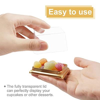 50 Square 4 Plastic Dessert Favor Boxes Cupcake Holders - Gold Clear