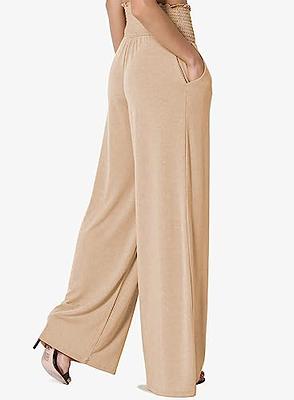 Palazzo Pants for Women Elastic High Waist Wide Leg Casual Pants Ruffle  Flowy Lightweight Summer Drawstring Pants (Medium, Beige)