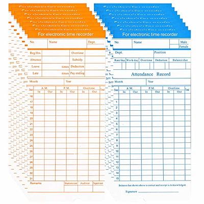 Flexzion Time Cards Monthly Timesheet Clock Timecard - 100 Pack 6 Column 2-Sided Orange/Blue Card for Time Punch Clock Employee Attendance