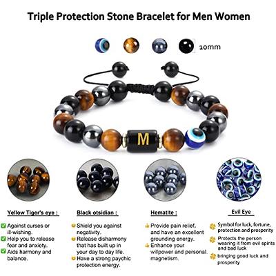 Triple Protection Bracelet for Men Women, Genuine Premium Tiger Eye Black Onyx and Lava Rock 8mm Handmade Bead Bracelet Healing Crystal Protection