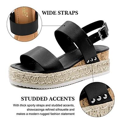 Wedge Heel Sandals Shoes for Women Wide Width Hollow Out Leather Open Toe  Buckle Summer Slide Platform Sandals with Arch Support Espadrilles Wedge