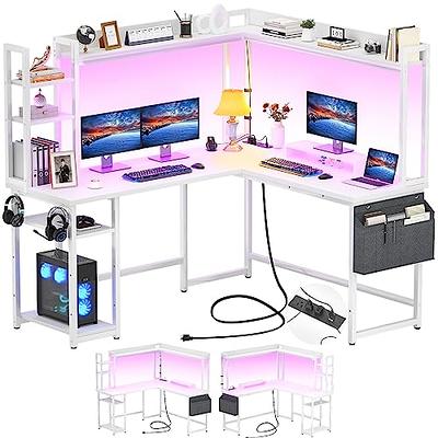 Unikito L Shaped Desk with LED Light and Power Outlet, Reversible Corner Computer  Table with Monitor Stand and Storage Shelf, Modern L- Shaped Gaming Desk,  Ergonomic Home Office Desk, Rustic Brown 