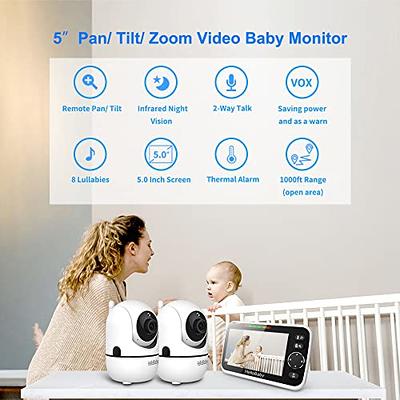 HelloBaby Upgrade Monitor, 5''Sreen with 30-Hour Battery, Pan-Tilt-Zoom  Video Baby Monitor with Camera and Audio, Night Vision, VOX, 2-Way Talk, 8  Lullabies and 1000ft Range No WiFi, Ideal Gifts 