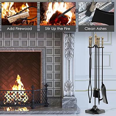 Amagabeli Firewood Rack Indoor 5 Pieces Fireplace Tools Set Fire Wood  Holder with Tongs Poker Brush and Shovel Outdoor Log Rack Solid Wrought  Iron Fireplace Set Kit Wood Stove Accessories Bronze 