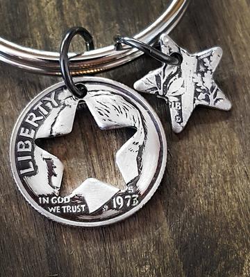 1973 50Th Birthday Dime Star Keychain Anniversary Gift Coin