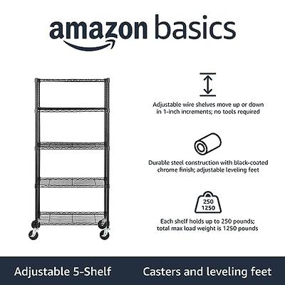 Basics 5-Shelf Medium Adjustable, Heavy Duty Storage Shelving Unit  on 4'' Wheel Casters, Metal Organizer Wire Rack, Black, 30 L x 14 W x