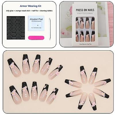 24 Pcs Long Press on Nails Coffin Black French Tip Nails Acrylic False  Nails with Glue Pink Flowers Fake Nails Reusable Gel Stick on Nails for  Women - Yahoo Shopping