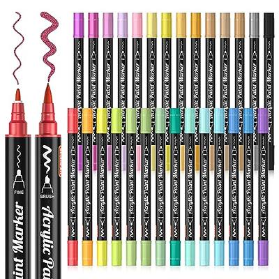 SUNEE 24 Colors Acrylic Paint Pens, Dual Tip Marker Pens with Medium Tip and Brush Tip, Paint Markers for Rock Painting, Wood, Canvas, Stone, Glass