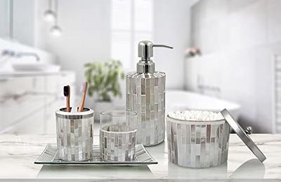 LushAccents Decorative Bathroom Accessories Set, 4-Piece, Soap Dispenser, Tray, Jar, Toothbrush Holder, Elegant Silver Mosaic Glass