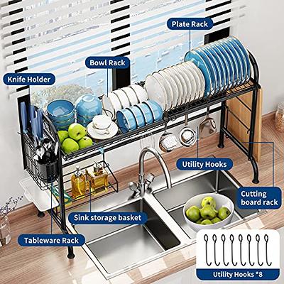 Over The Sink Dish Drying Rack,Adjustable,2 Tier Stainless Steel Dish Rack  Drainer, Large Stainless Steel Dish Rack Over Sink for Kitchen Counter Organizer  Storage Space Saver with Hooks (25.6-33.5) 