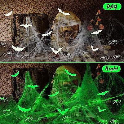 Meooeck 3 Pcs Halloween Glow in The Dark Spider Web Halloween Decorations  with 100 Pieces Fake