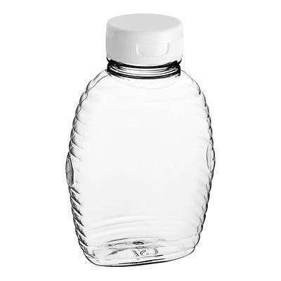 16 oz. (24 oz. Honey Weight) Ribbed Hourglass PET Honey Bottle with  Pressure Sensitive Liner Black Plastic Flip Top Lid