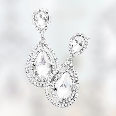 Silver Plated Blue CZ Square Long Drop Dangle Earrings for Women Brides  Pageant