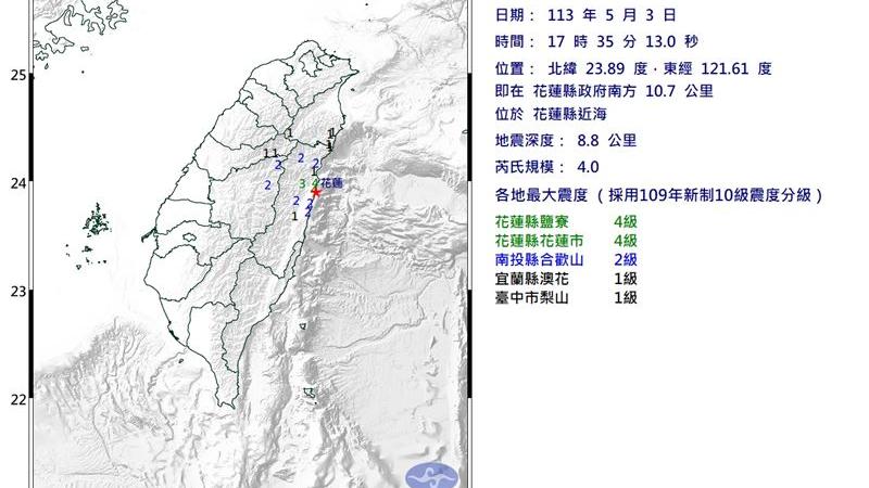 快訊／花蓮17：35發生規模4.0地震！最大震度4級　4縣市有感