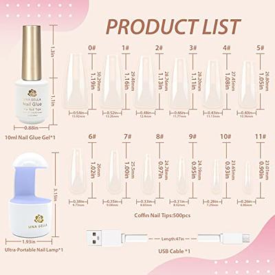 YEVYO Press on Nail Tips and Glue Gel X Nail Kit,2 In 1 Nail Gel with 500  PCS Clear Coffin Nails Tips, Portable UV Nail Lamp, Clear Full Cover Easy  DIY Nail