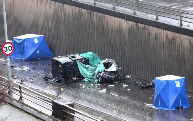 The scene of a multi-vehicle crash at the entrance to the underpass on Lee Bank Middleway, near Edgbaston - PA