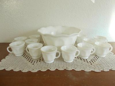 Vintage White Milk Glass Punchbowl & 12 Tea Cup Set Spring Summer