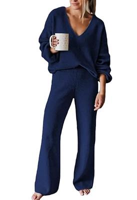 Womens Two Piece Outfits Elegant 2 Piece Sweater Sets Long Sleeve V Neck  Ribbed Knit Sweaters Tops Wide Leg Pants Lounge Sets - AliExpress