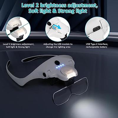 Hands Free Headband Magnifying Glass, USB Charging Head Magnifier with LED Light Jewelry Craft Watch Hobby 5 Lenses 1.0x 1.5x 2.0X 2.5x 3.5x (Upgraded