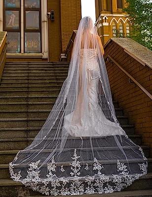 Ivory Wedding Veil with Flower Lace Cathedral Veil with Lace Applique  Floral Lace Veil One Tier Veil Long Lace Veil with Comb White Veil