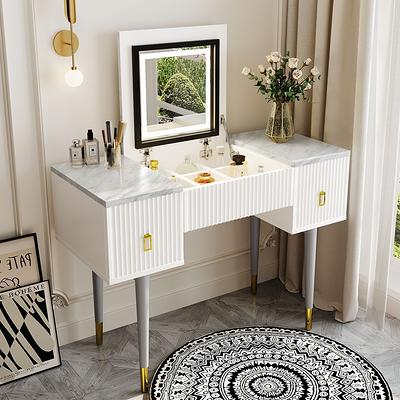 43.3W Makeup Vanity White Vanity Desk with Hidden Storage Shelves