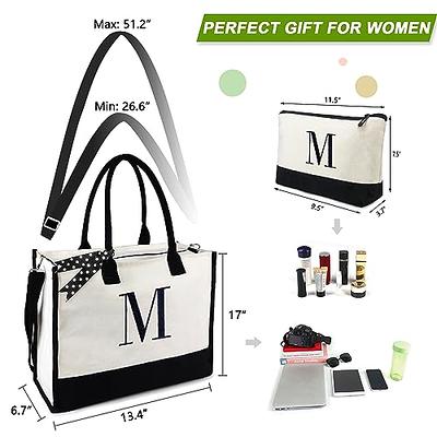 BeeGreen Personalized Tote Bag for Women w Makeup Bag Initial Canvas Tote  Bag w Zipper & Adjustable Shoulder Strap Embroidery Monogram Tote Bags w  Inner & Side Pouch Beach Bag for Women