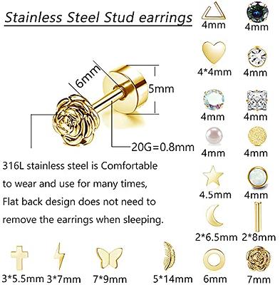 Flat Back Earrings for Women: 7 Pairs 14K Gold Plated Flatback Stud  Earrings 316L Surgical Stainless Steel Small Cubic Zirconia Earrings Studs  for