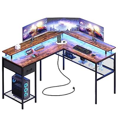 L Shaped Gaming Desk with Power Outlets & LED Lights, L- Shaped Desk  Computer Corner Desk