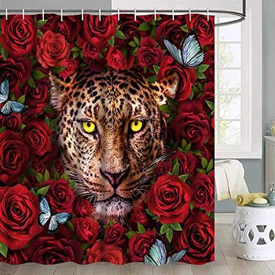 jieprom 4PCS Red Rose and Lion Shower Curtain Bathroom Set with Non-Slip  Rugs, Toilet Lid Cover and Bath Mat, Red Shower Curtain with 12 Hooks