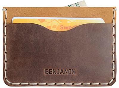 PERSONALIZED Leather Wallet. Tan Brown and Blue Credit Card, Cash or ID  Holder. Rustic Style Unisex Pouch. Monogram your Name or Initials