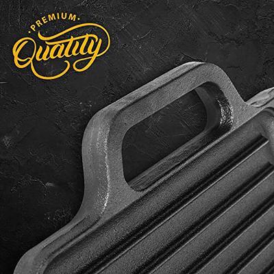 Cast Iron Flat Top Griddle Set and Griddle Accessories, Includes  Reversible Cast Iron Griddle, Stove Top Griddle Press and Grill Pan  Scrapers, Grill Plate measure 17 x 9 inch, Black