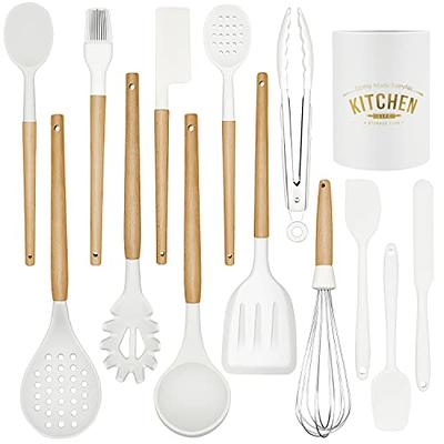 12-Piece Silicone Kitchen Cooking Utensils Set with Holder, Wooden Handle Utensils for Cooking, Kitchen Tools Include Spatula Turner Spoons Soup Ladle