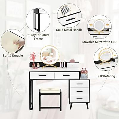 Vanity Desk with Mirror and Lights, Makeup Vanity Table Set with 6 Storage  Drawers, Stool and Divided Organizers, Dressing Table with 3 Color Lighting