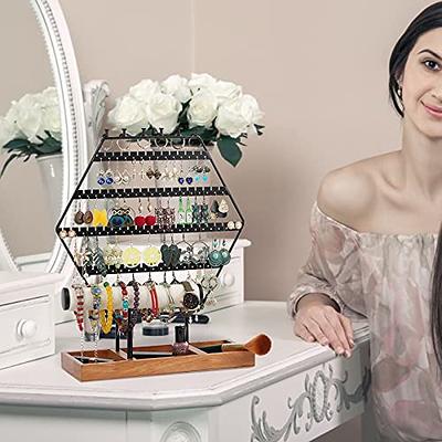 JAZUIHA Earring Display Stand,earrings Holder Organizer and Earring Tree with100 Holes,5 Tier Jewelry Organizer Rack of Wooden Base Storing Earrings