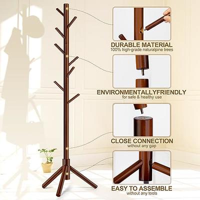 VASAGLE Coat Rack Solid Wood Free Standing Coat Rack Tree-Shaped Coat Rack  with 8 Hooks for Clothes Hats Bags for Living Room Bedroom Dark Walnut