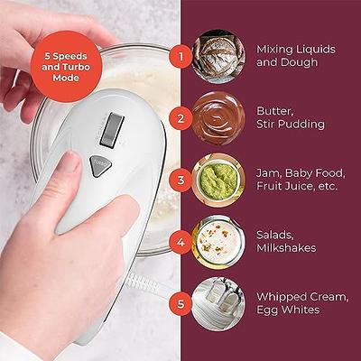 Mueller Electric Hand Mixer, 5 Speed with Snap-On Case, 250 W, Turbo Speed,  4 Stainless Steel Accessories, Beaters, Dough Hooks, Baking Supplies for