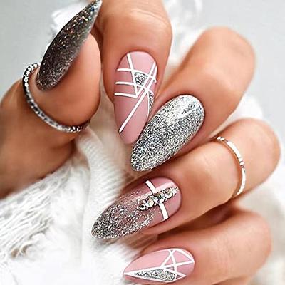 French Tip Press On Nail Silver Almond Chrome Fake Nail With Planet Charms  Gray Star Design False Nail Glossy Rhinestones French Coffin Nails for