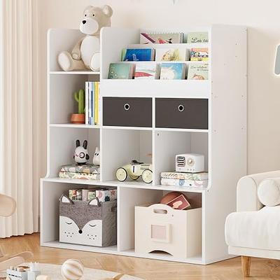 MallBest 4-Tier Kids' Toy Storage Organizer Shelf - 100% Solid Wood,Children's Storage Cabinet with 9 Plastic Bins and and 3 Storage Ports (Grey)