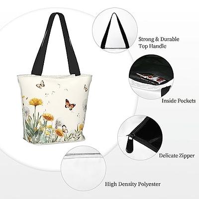 Andeiltech Wildflower Canvas Tote bag Aesthetic Women Floral Reusable Gift  Bag with Zipper Pocket for book Shopping Grocery