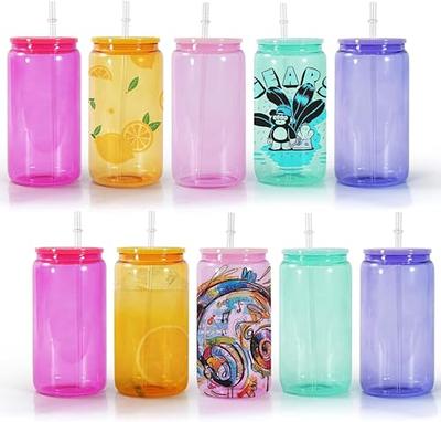 Hoteelee Beer Can Glass with Silicone Lids and Glass Straws,4 Pack 16.9oz  Drinking Tumbler with Colorful Silicone Sleeve,Can Shaped Glass Cups,Iced