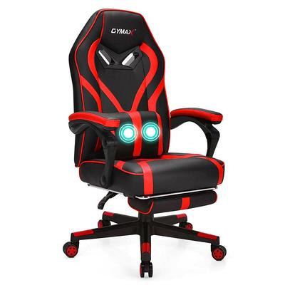 PU Leather Gaming Chair with USB Massage Lumbar Pillow and Footrest, Red