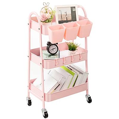 Pipishell 3-Tier Rolling Cart with Wheels, Rolling Storage Cart with 3  Hanging Cups & 4 Hooks, Mobile Utility Cart, Art Cart Organizer, Craft Cart  for