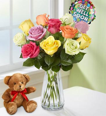 Get Well Assorted Roses: 12-24 Stems 24 Stems with Clear Vase, Bear & Chocolate | 1-800-Flowers Flowers Delivery | 145008MV24B1BL21CH29