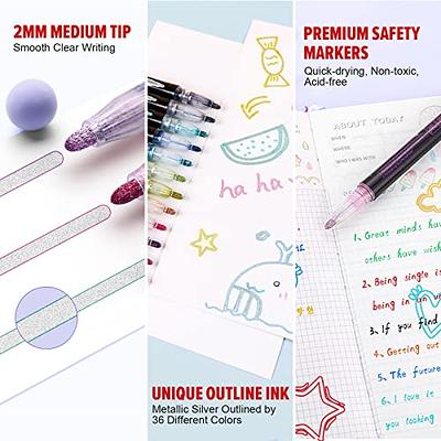 Whaline Double Line Outline Pens, 12 Colors Self-outline Metallic Markers Glitter Writing Drawing Pens for Christmas Card Writing, Birthday Greeting