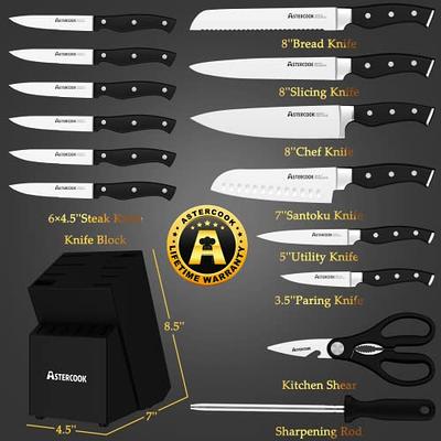 Knife Set, Astercook 15 Pcs Triple Rivet Kitchen Knife Set High Carbon  Stainless Steel Knife Sets for Kitchen with Block, Dishwasher Safe, Black