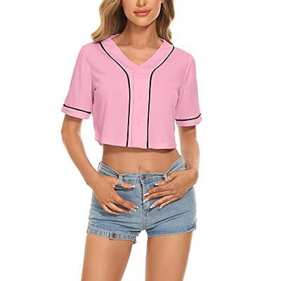 Women's Crop Top Baseball Jersey Button Down V-Neck Short Sleeve T