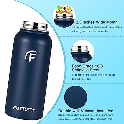 Futtumy Sports Water Bottle with Wide Handle Straw Lid & Chug Lid, 32 Ounce Water  Bottle, Reusable Metal Canteen for School Travel Thermo Mug, Leak-Proof,  Wide Mouth, Hot & Cold(Navy Blue) 