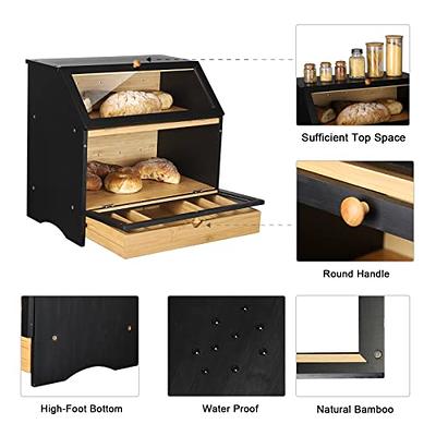 HOMEKOKO Double Layer Large Bread Box for Kitchen Counter, Wooden Large Capacity Bread Storage Bin (Black)