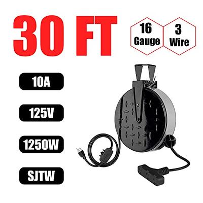 EP Retractable Extension Cord Reel,65 Feet 12 AWG/3C SJTOW Heavy Duty Power  Cord,15 AMP Circuit Breaker, 3-Lighted Triple Outlets,Ceiling or Wall