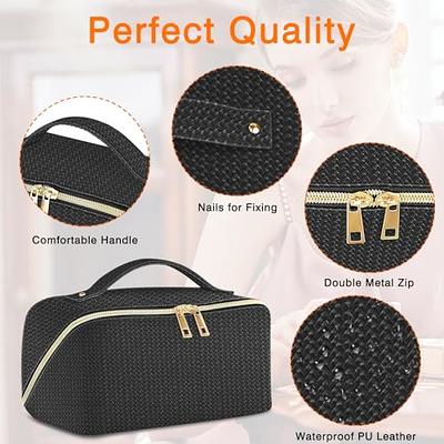 Large Capacity Travel Cosmetic Bag - Portable Makeup Bags for Women  Waterproof PU Leather Checkered Makeup Organizer Bag with Dividers and  Handle,Toiletry Bag for Cosmetics, Black